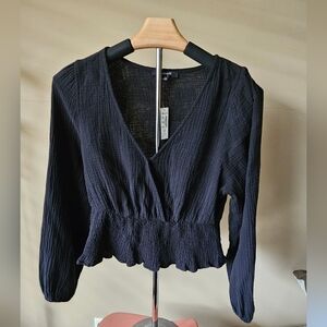 NWT -Madewell Lightspun Julianne Smocked-Waist Top Black Cotton Gauze- Size S